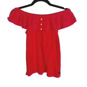 Abercrombie Kids Girls 13/ 14 Red Eyelet Off The Shoulder Tee Button Cotton